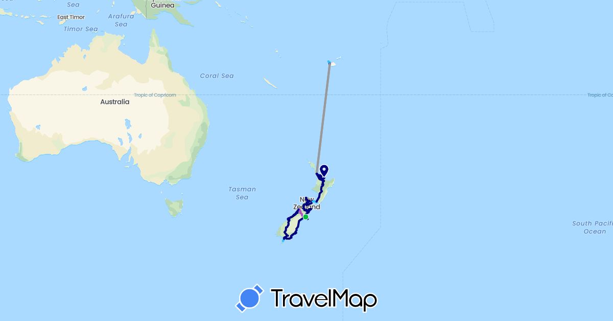 TravelMap itinerary: driving, bus, train, hiking, boat, helicopter, kayak in New Zealand (Oceania)